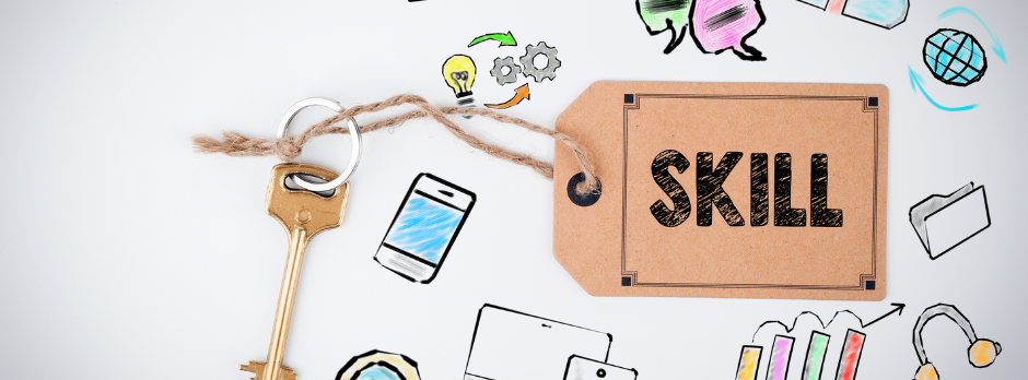 compétences pour mettre en place une gestion de projet agile illustration des compétences (skill) avec des bulles de communication, une clé, un téléphone, des statistiques, un dossier ...